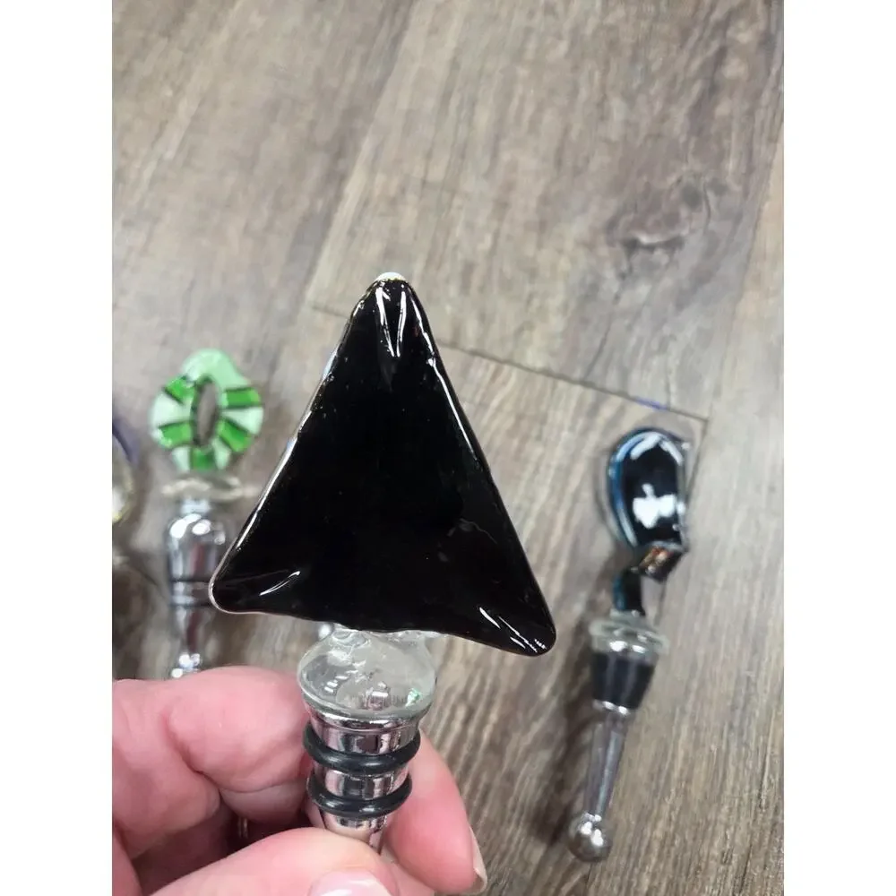 Hand- Blow Glass Art Colored Wine Bottle Stoppers Silver Metal Lot of 5